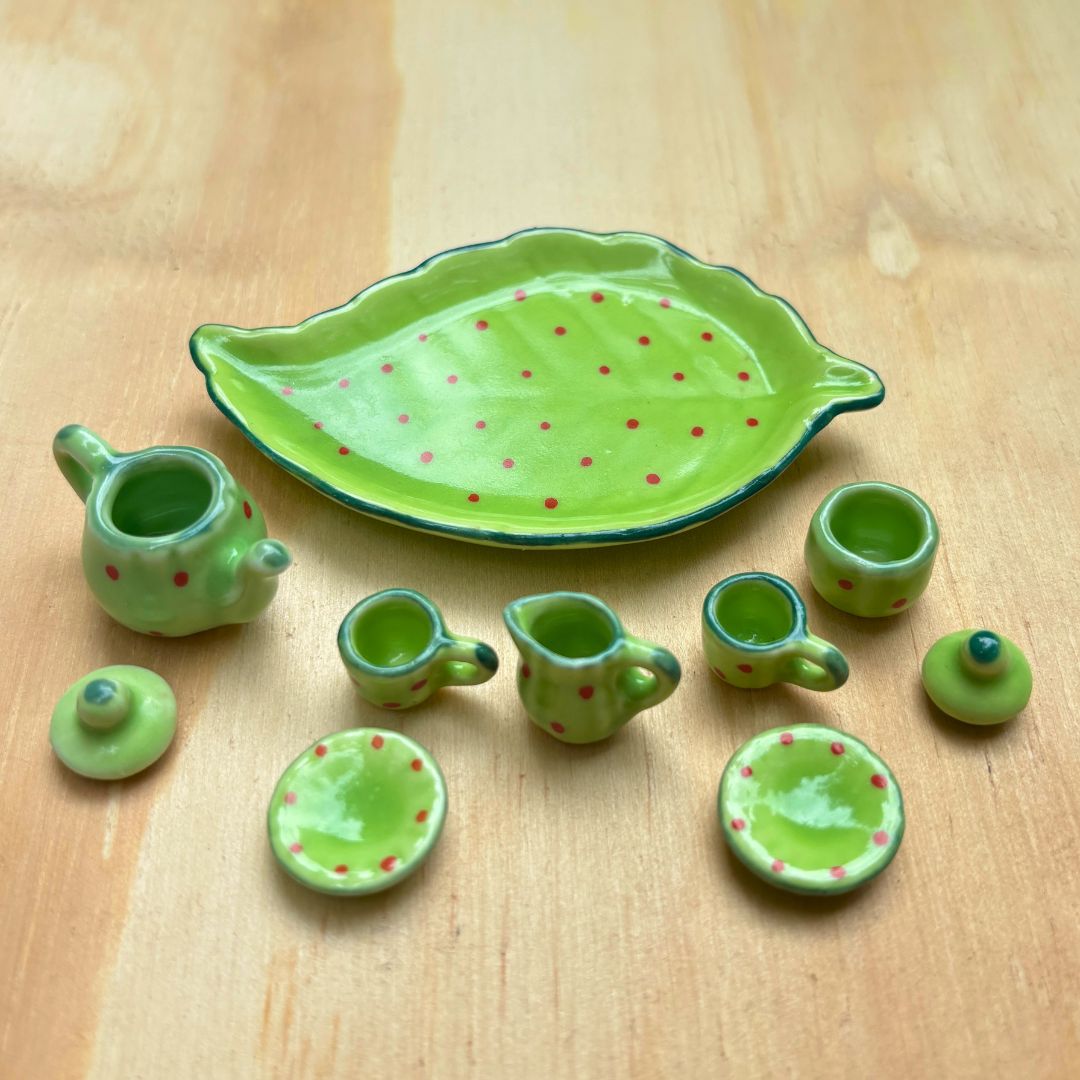 Leafy Tea Set - Miniature Ceramic Tea Service and Tray