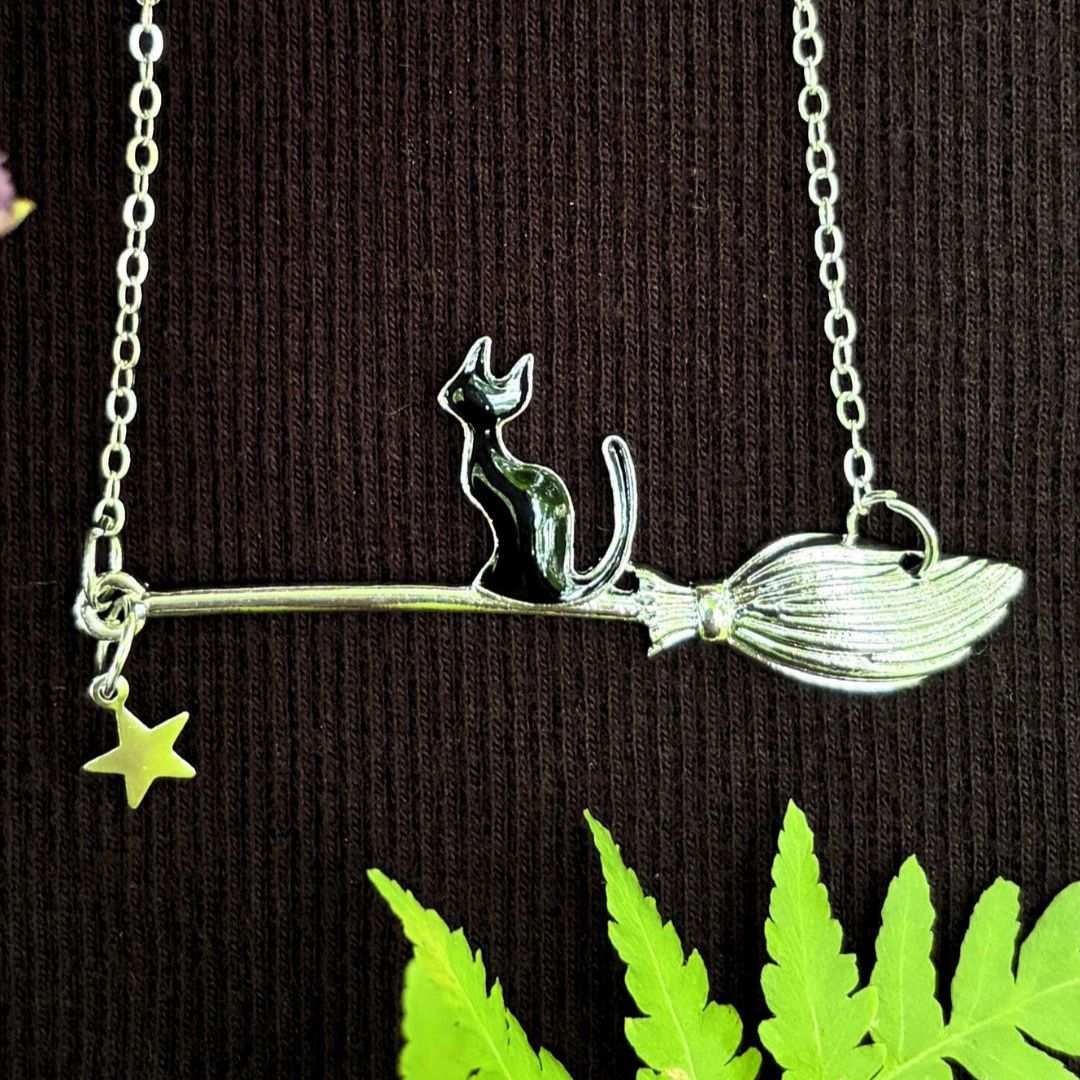 Black Cat on a Broomstick Necklace - Oddment