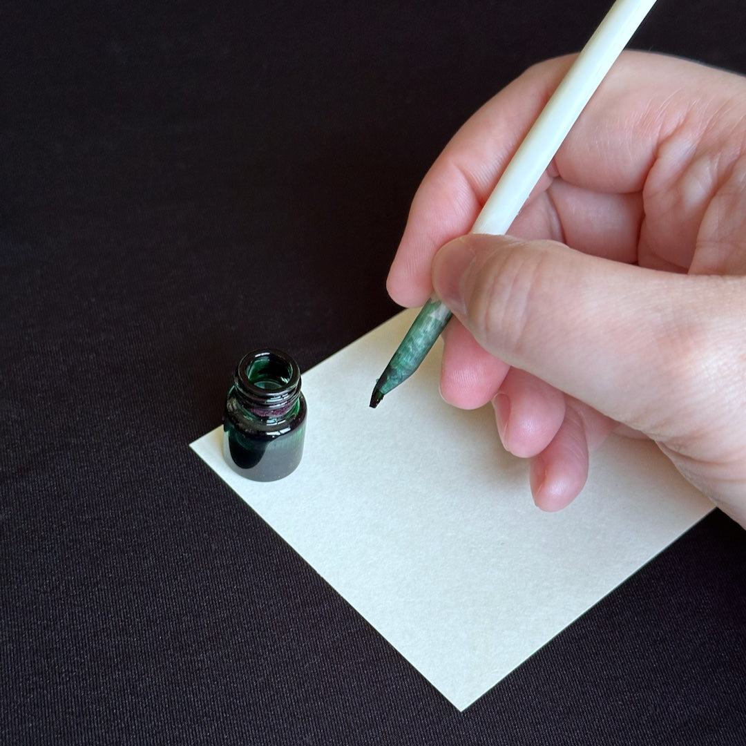 Quill Pen and Ink - Natural Feather Dip Pen and Green Ink