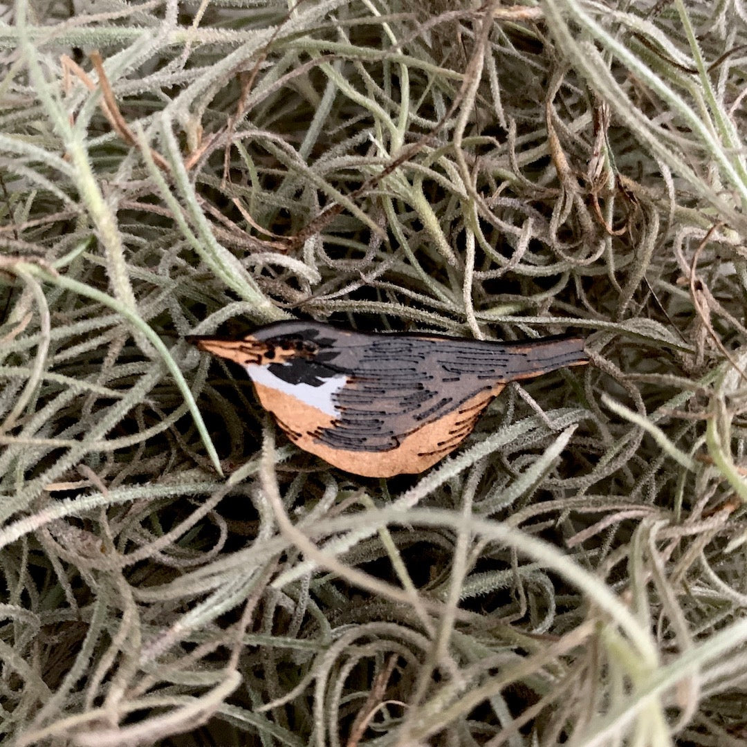 Nuthatch Brooch - Wooden Bird Pin