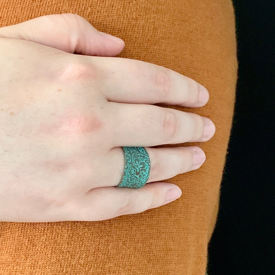 Patinated Ring - Adjustable Embossed Copper Ring