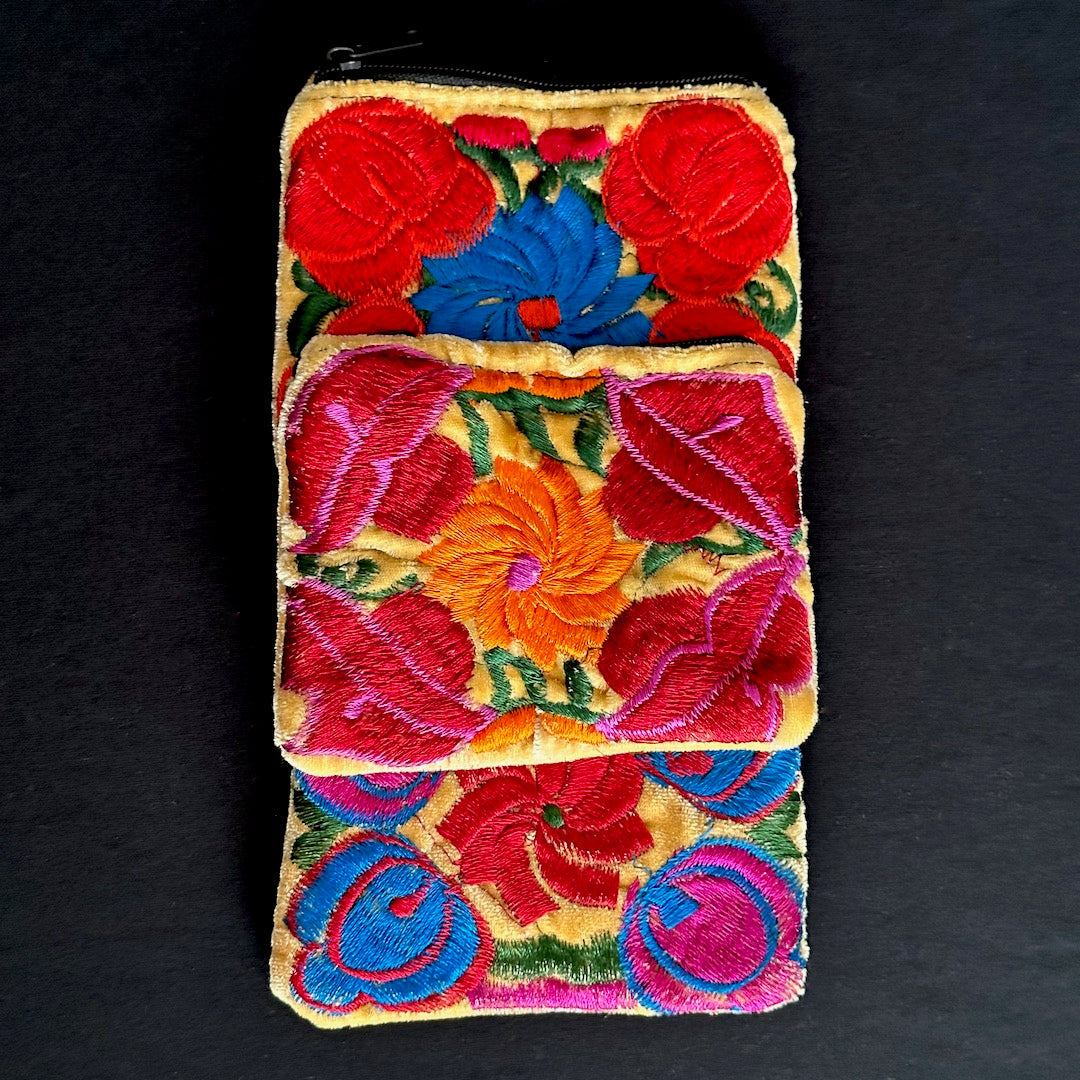 Embroidered Velvet Pouch - Floral Coin Purse - Oddment