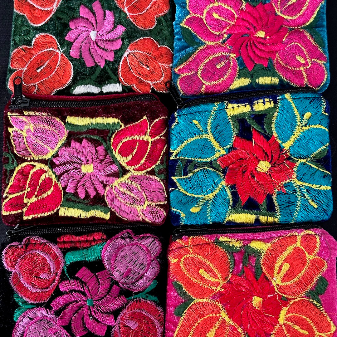Embroidered Velvet Pouch - Floral Coin Purse - Oddment