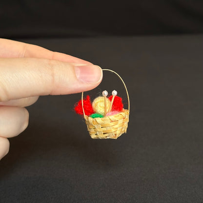 Knitting Basket Mini - Wicker Basket with Yarn and Knitting Needles