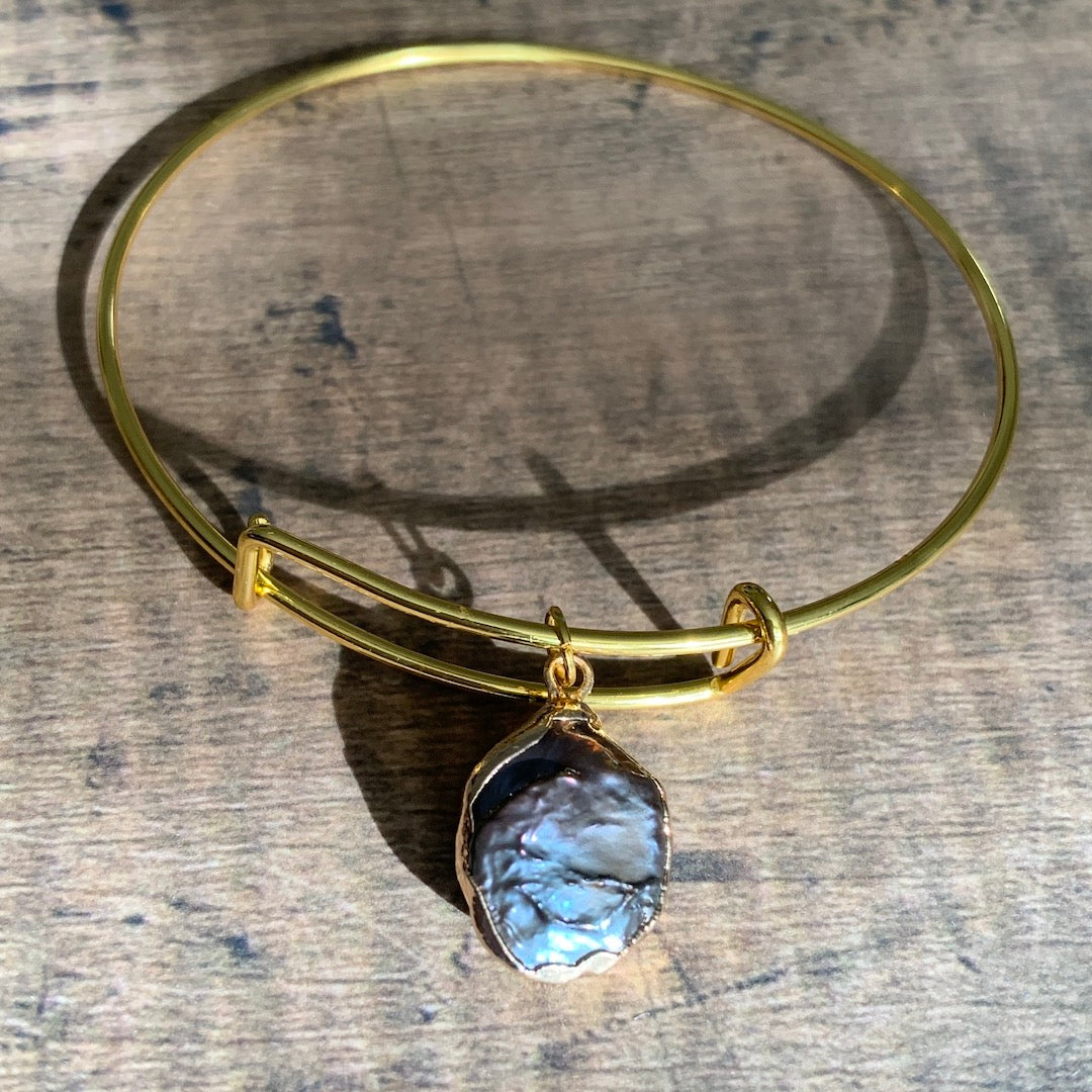 Baroque Pearl Bracelet - Adjustable Bangle with Slate Blue Pearl