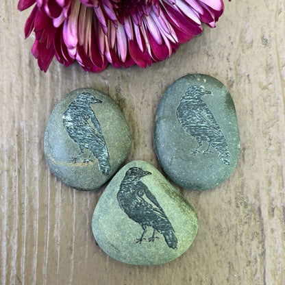 Raven Worry Stone - River Rock Engraved with Raven