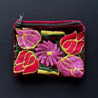 Embroidered Velvet Pouch - Floral Coin Purse - Oddment
