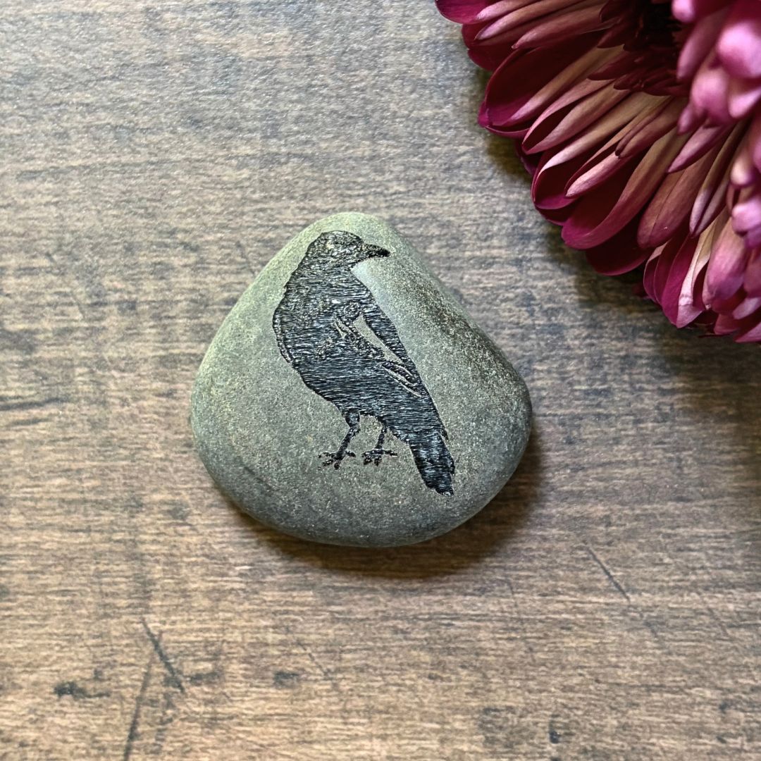 Raven Worry Stone - River Rock Engraved with Raven