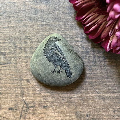 Raven Worry Stone - River Rock Engraved with Raven