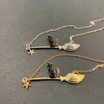 Black Cat on a Broomstick Necklace - Oddment