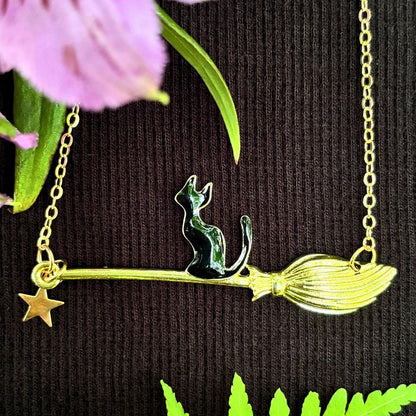 Black Cat on a Broomstick Necklace - Oddment