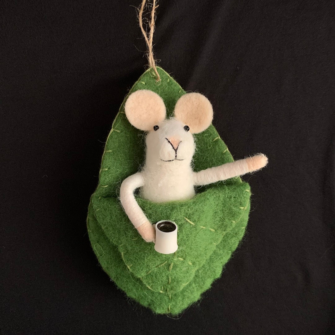 Leonard in a Leafy Bed - Felt Mouse Ornament