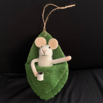 Leonard in a Leafy Bed - Felt Mouse Ornament