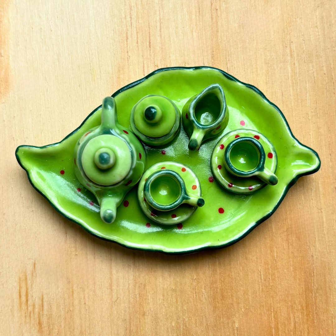 Leafy Tea Set - Miniature Ceramic Tea Service and Tray