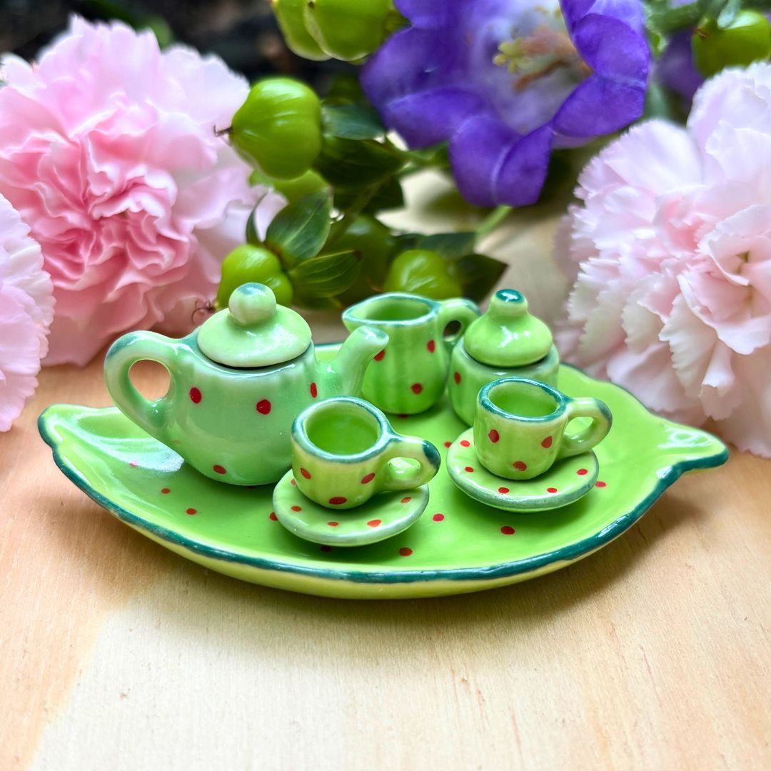 Leafy Tea Set - Miniature Ceramic Tea Service and Tray
