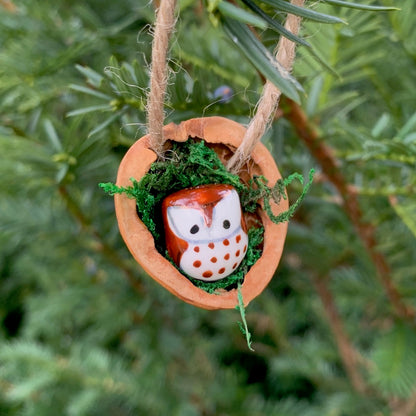 Walnut Ornament - Charm with Porcelain Owl and Moss