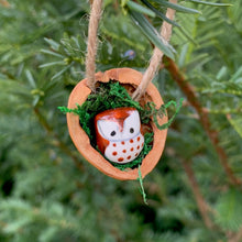 Load image into Gallery viewer, Walnut Ornament - Charm with Porcelain Owl and Moss
