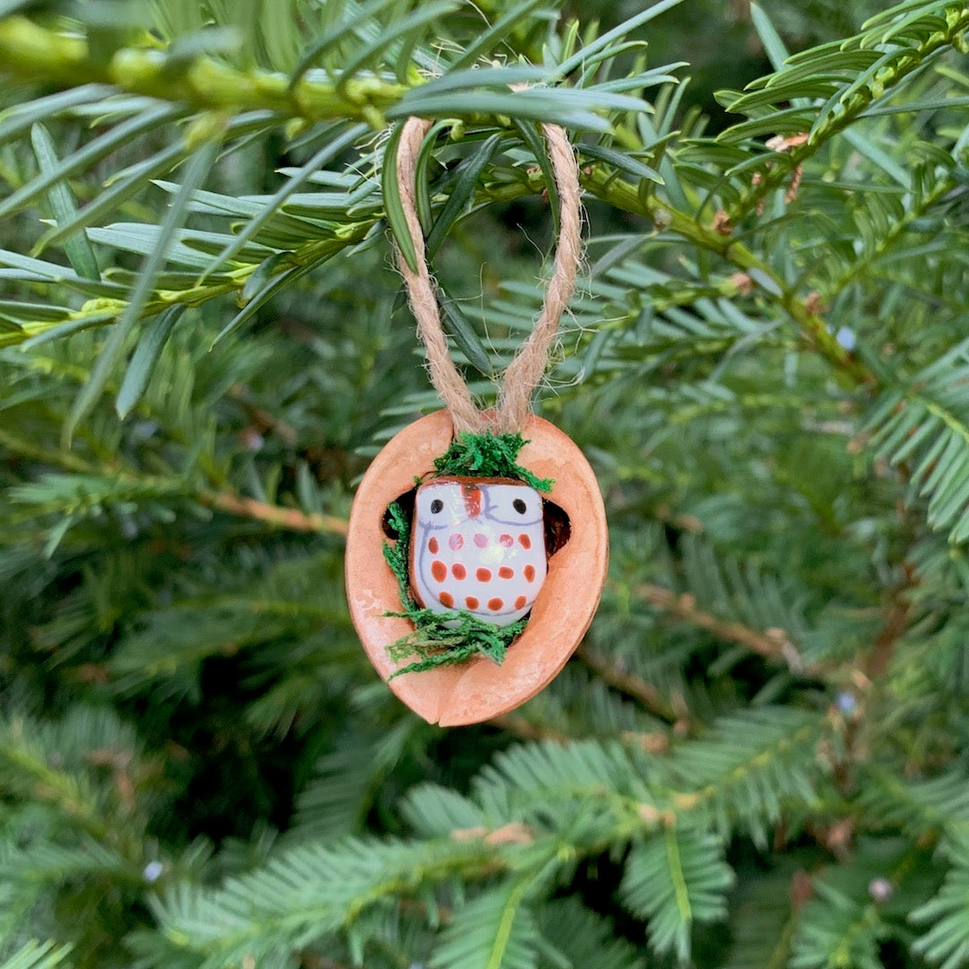 Walnut Ornament - Charm with Porcelain Owl and Moss