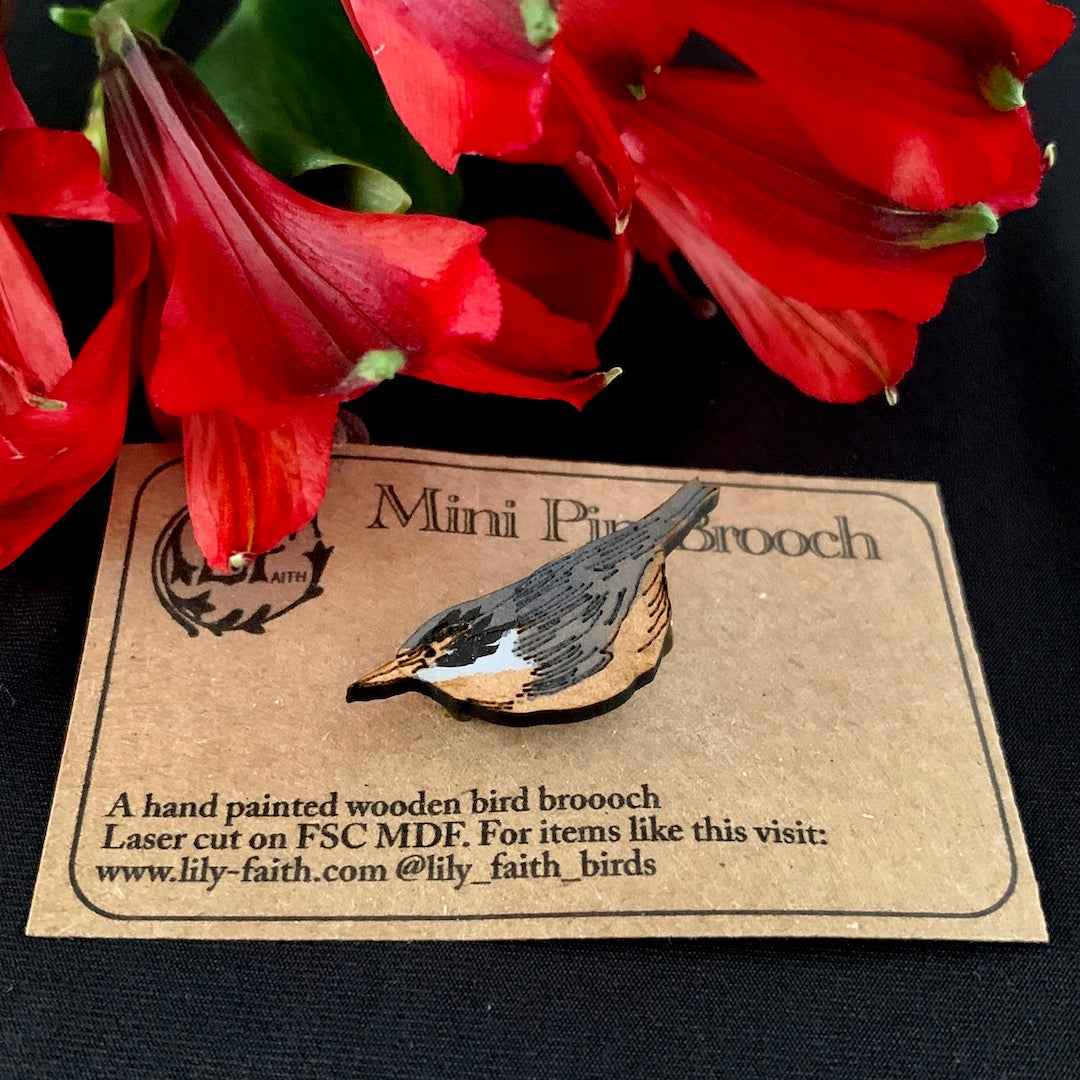 Nuthatch Brooch - Wooden Bird Pin