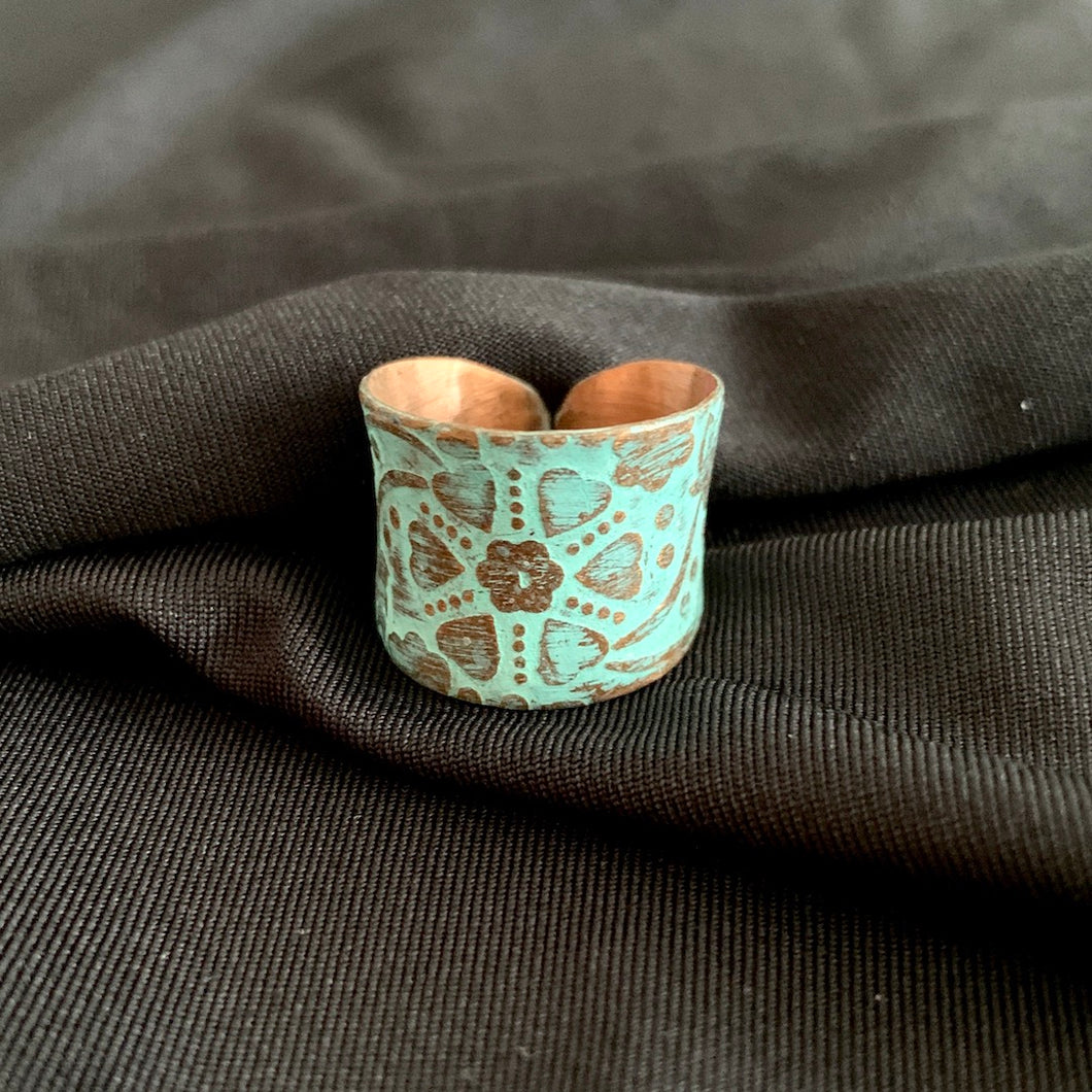Patinated Ring - Adjustable Embossed Copper Ring